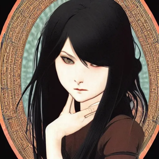 Image similar to photo of lonely young girl エウリン with straight long black hair wearing black dress that sitting on bathroom floor, model エリサヘス ・ セイモア from acquamodels. com, render by artgem and alphonse mucha for capcom co, resident evil