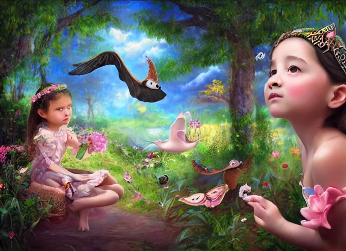 Image similar to 🦩🪐🐞👩🏻🦳, lowbrow, 8 k, matte painting, in the style of lilia alvarado,