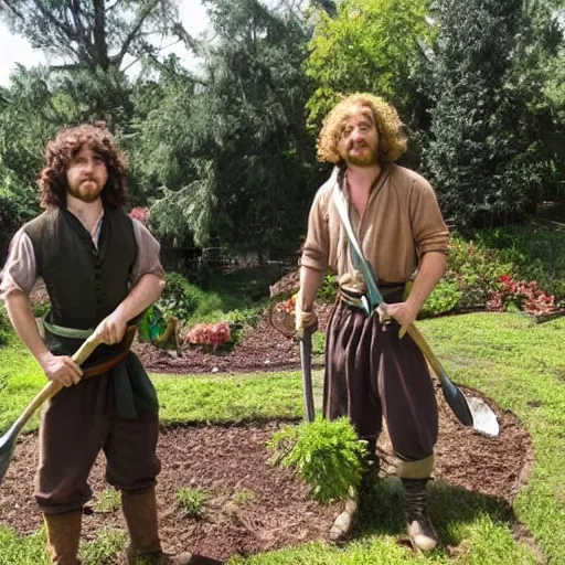 Image similar to handsome attractive hobbit dudes doing fantasy yardwork