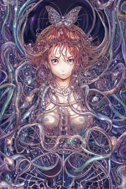 Prompt: beautiful ultra detailed manga Illustration of a butterfly goddess made out of liquid chrome in a multiverse, melting face, surrounded by mechanical wires in a celestial fantasy landscape, Full Art Illustration, by ying yi and Moebius, hiroshi yoshida, Druillet, artstation