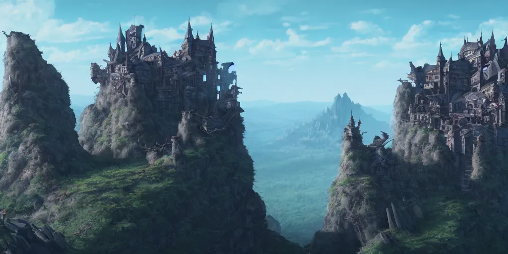 Image similar to A detailed film still of a high castle with ruined archs on the top of a mountain , trending on artstation, by studio Ghibli and Pixar, octane render, at dusk, frontal view, trending on artstation, very detailed