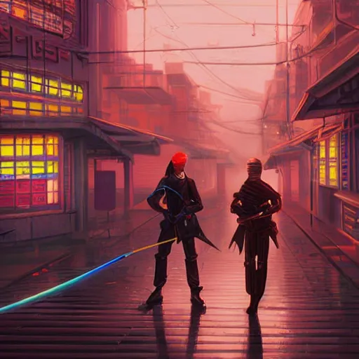 Image similar to An android wielding two katanas in a cyberpunk setting by Evgeny Lushpin, Trending on Artstation, 1980s computer graphics,