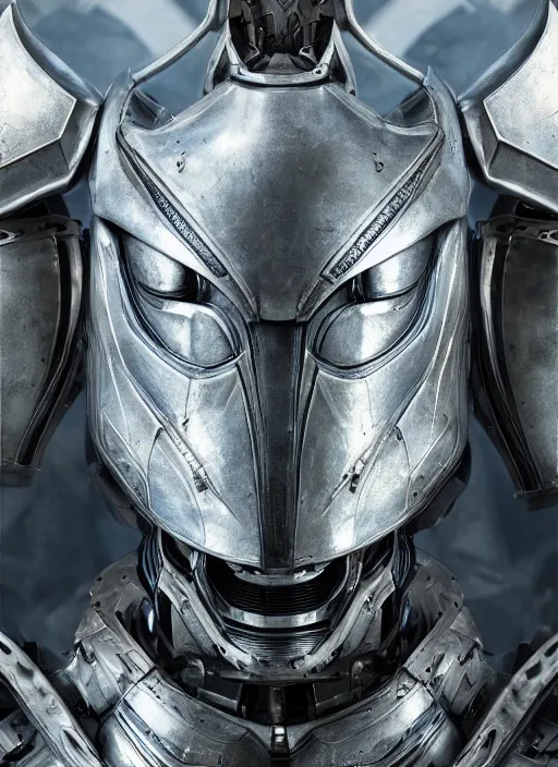 Prompt: close up front view portrait of a futuristic silver armored knight district 9 cyborg, modern fine art, fractal, intricate, elegant, highly detailed, digital photography, subsurface scattering, by jheronimus bosch and greg rutkowski,