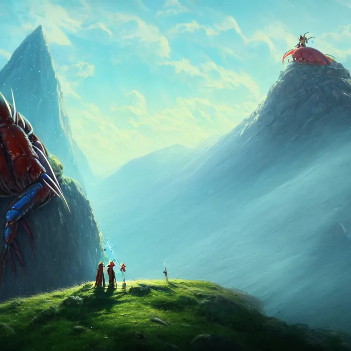 Prompt: Authentic illustrations of In The Lord of the Rings, giant Crustacean with whistle on a mountain, Magnificent super wide angle,high quality, 8k,high resolution, city landscape, side scrolling, 4K, Retrofuturism,by makoto shinkai,Anton Fadeev, thomas kinkade,greg rutkowski