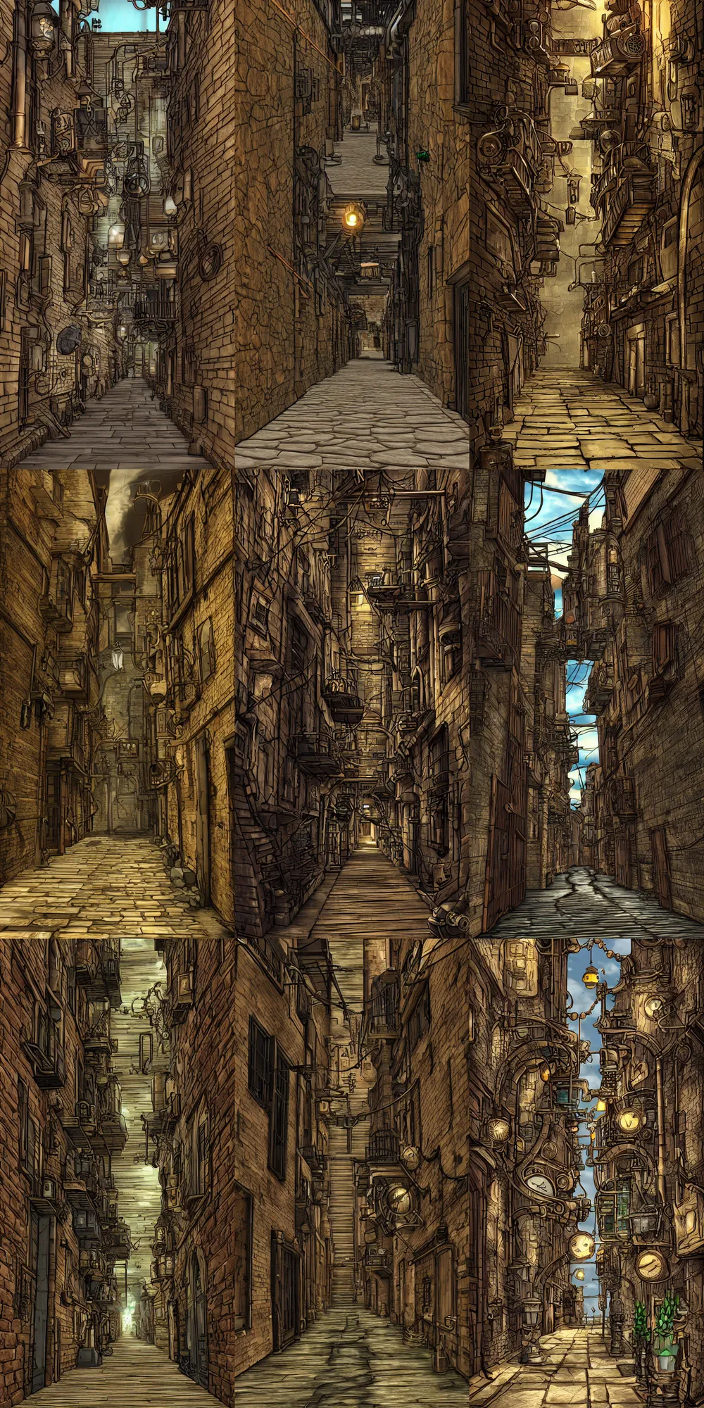 Prompt: cell shaded steampunk alley