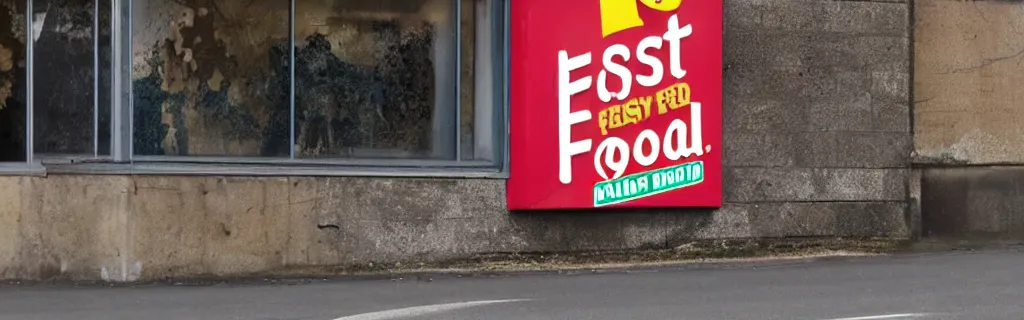 Prompt: fast food logo advertising signs decaying and torn