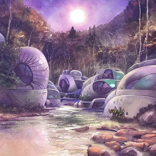 Image similar to beautiful happy picturesque charming sci - fi organic pod - like homes of the future in a beautiful natural scene. water, trees and rocks. beautiful light. soft colour scheme. beautiful artistic detailed watercolor by lurid. ( 2 0 2 2 )