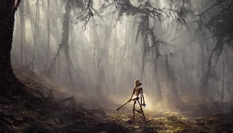 Image similar to A beautiful painting of a Skeleton warrior in a magical forest, ray traced sun light, by greg rutkowski and Kalin Popov , Trending on artstation HD.