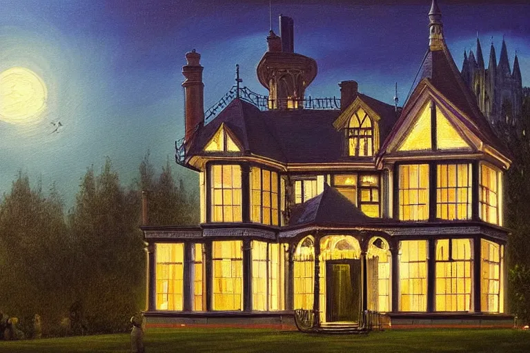 Prompt: a beautiful painting of a victorian house with bay windows, a tower and a greenhouse at night, very detailed by samuel and joseph newsom, harry potter