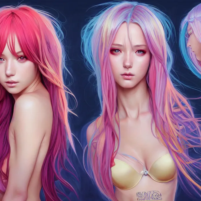 Image similar to portrait of beautiful symmetrical anime girl, rainbow hair, attractive, casual, modern, victoria's secret, highly detailed, digital painting, artstation, concept art, smooth, sharp focus, illustration, art by moebius artgerm, greg rutkowski and alphonse mucha, 8 k,