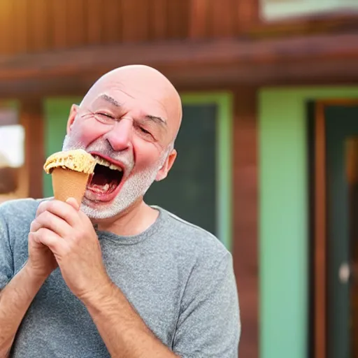 Prompt: old bald guy yelling on the phone and eating ice cream