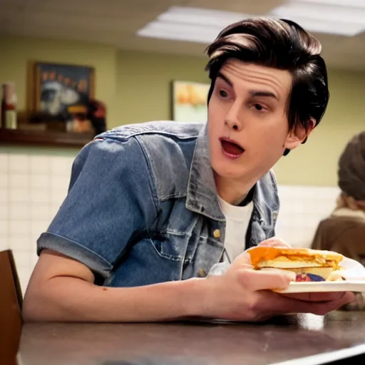 Prompt: Jughead Jones eating a hamburgee