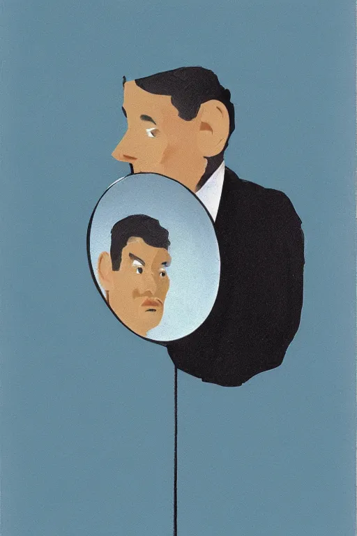 Image similar to man looking at his reflection in the mirror, 1960’s minimalist advertising illustration, painterly, expressive brush strokes