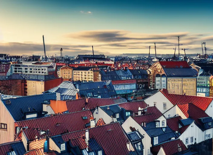 Image similar to photograph of the rooftops of gothenburg sweden, morning light, landscape photography, award winning, canon, soft lighting, sony, nikon, 4 k, hd