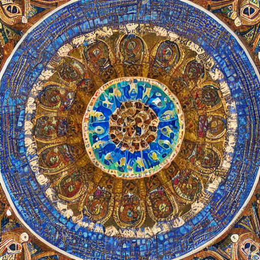 Image similar to An ancient mosaic of mandalas at a Turkish church, well preserved, photograph, wideview, 8k post processing