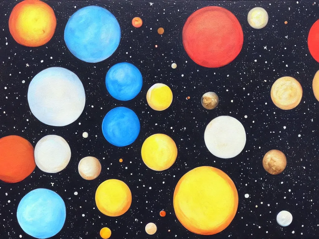 Image similar to A beautiful painting of a five planets, There are only five planets that are black, white, yellow, red, and blue, behind the galaxy and the universe, Trending on artstation, starry sky, Gioele Muscolino