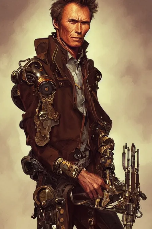 Image similar to teenager clint eastwood as a steampunk cyborg gunslinger, portrait, western, duster, fantasy, intricate, elegant, highly detailed, digital painting, artstation, concept art, sharp focus, illustration, art by artgerm and greg rutkowski and alphonse mucha