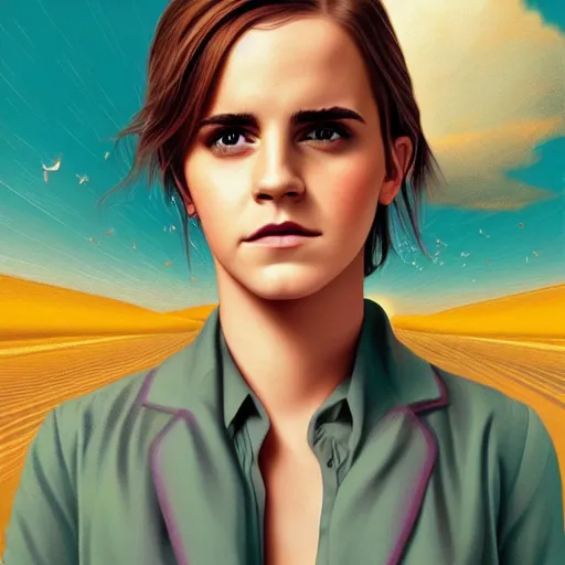 Image similar to a portrait of s sad Emma Watson with tears in her eyes, trying to fit into a shoebox in the middle of the road, highly detailed, digital painting, HDRI, by Casey Weldon, vivid colors, high contrast, intricate