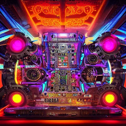 Image similar to album art for a trance dj, the album is called tripmachine, a huge steampunk mechanic machine with many gears and tubes and wires,, 8 k, fluorescent colors, halluzinogenic, multicolored, exaggerated detailed, front shot, 3 d render, octane