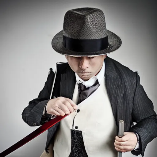 Prompt: a fedora-wearing gentleman unsheathing his magical katana,striking photography