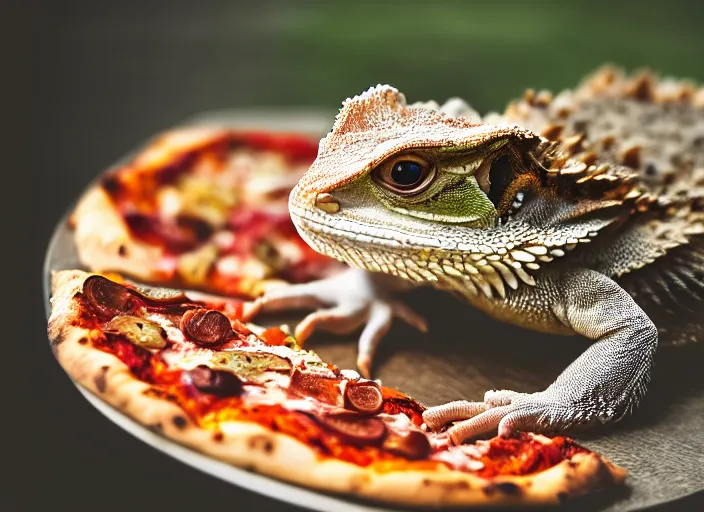 Image similar to dslr portrait still of a bearded dragon eating a peperoni pizza, 8 k 8 5 mm f 1. 4