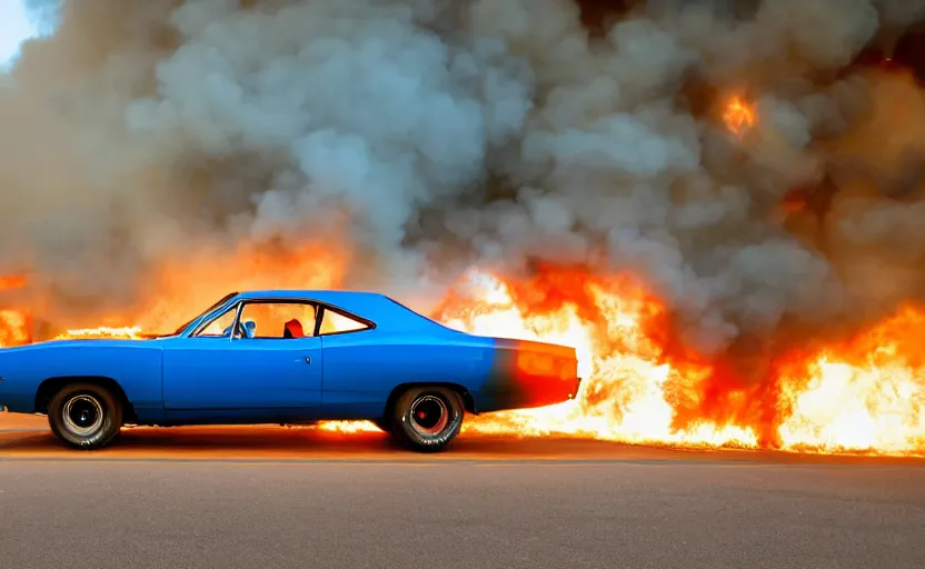 Prompt: a blue 1 9 7 0 plymouth road runner superbird driving high speed, fire explosion in the background, action scen. low camera realistic. high resolution. dramatic