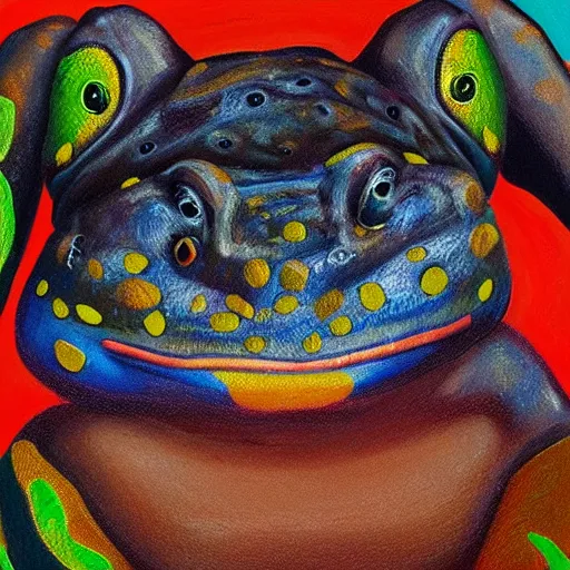 Image similar to aboriginal frog portrait,frontal, artstation, colorful, studio lighting, soft lighting