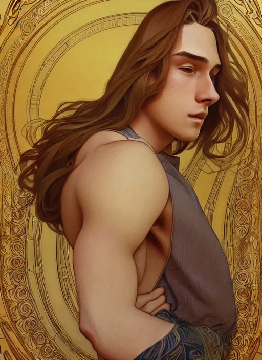 Image similar to pretty young man with shoulder length shiny shimmering golden blond hair, path traced, highly detailed, high quality, digital painting, by studio ghibli and alphonse mucha, leesha hannigan, disney