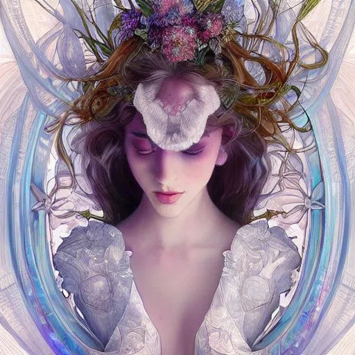 Prompt: a photograpic portrait of a anthropomorphic orchid wearing white clothes, iridescent colors, fantasy, intricate, elegant, highly detailed, digital painting, artstation, concept art, smooth, sharp focus, illustration, art by artgerm and H R Giger and alphonse mucha
