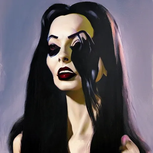 Image similar to greg manchess portrait painting of morticia from addams family as overwatch character, medium shot, asymmetrical, profile picture, organic painting, sunny day, matte painting, bold shapes, hard edges, street art, trending on artstation, by huang guangjian and gil elvgren and brom