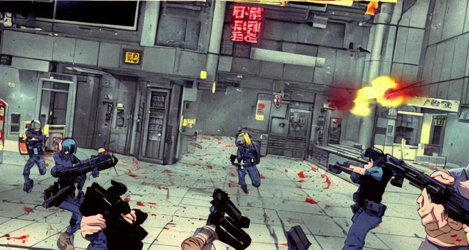 Image similar to 1987 Video Game screenshot for Akira style Anime Neo-tokyo Cyborg bank robbers vs police, Set inside of the Bank, Open Bank Vault, Multiplayer set-piece Ambush, Tactical Squads :10, Police officers under heavy fire, Destructible Enviorments, Gunshots, Bullet Holes and Anime Blood Splatter, :10 Gas Grenades, Riot Shields, MP5, AK45, MP7, P90, Chaos, Anime Machine Gun Fire, Gunplay, Shootout, :14 FLCL + LA Machineguns, Cel Shaded:15, Created by Katsuhiro Otomo + Studio Gainax: 20