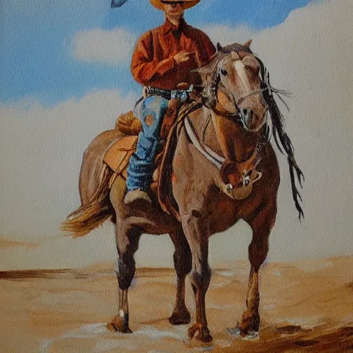 Prompt: a painting of a cowboy riding a seahorse