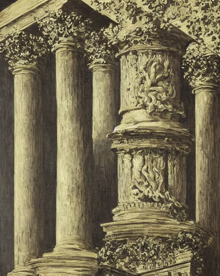 Prompt: achingly beautiful painting of intricate ancient roman corinthian capital on black background by rene magritte, monet, and turner. giovanni battista piranesi.