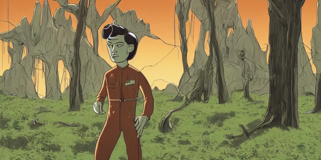 Prompt: a portrait of lonely single Alain Delon alone pilot in spacesuit on field forrest spaceship station outer worlds in FANTASTIC PLANET La planète sauvage animation by René Laloux