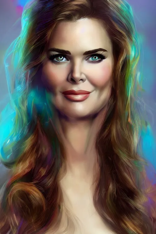 Image similar to mix of beautiful young maria shriver, mariel hemmingway, brooke shields, nicole kidman and elle macpherson as a mermaid, thin lips, hair tied up in a pony tail, brunette hair, colorful, artstation, cgsociety