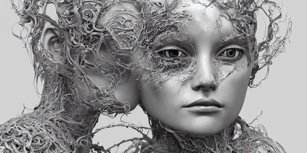 Prompt: photorealistic gorgeous symmetrical female cyborg, fanning tendrils, ribbon highly detailed, intricate, exuberant filigree, in the style of beth cavener, jin kagetsu, wlop, masterpiece, concept art, high key lighting, ambient lighting, octane render, 8 k, artstation