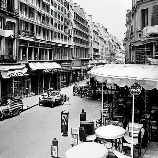 Prompt: une rue de paris vide avec des voitures garees, un restaurant avec une terrasse, des boutiques avec des neons, en debut de matinee en 1 9 5 0