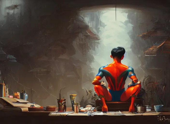 Prompt: an insanely detailed painting of an asian man wearing a homemade superhero costume, sitting at a desk, staring seriously at the computer and typing, in the style of peter mohrbacher, dramatic lighting and composition, surreal background, octane render, pixar, trending on artstation, concept art, comic book, view from behind, 8 k