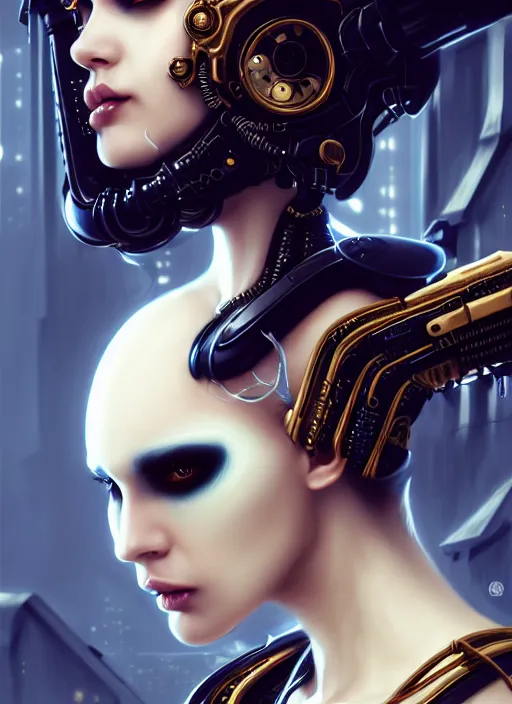 Image similar to soft lustrous ebony ivory biotech raver gutter punk gothic cyborg, golden ratio, details, scifi, fantasy, cyberpunk, intricate, decadent, highly detailed, digital painting, octane render, artstation, concept art, smooth, sharp focus, illustration, art by artgerm, loish, wlop