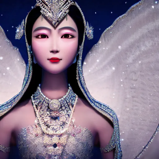 Image similar to portrait of wonderful asian princess of white diamond with fair skin, ornate with white diamonds, 8 k, gorgeous, intricate, detailed, glowing white accent lighting, dramatic lighting, octane render