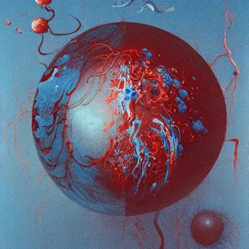 Image similar to a sphere being devoured by abstract splatters of paint in the style of francis bacon, venus being engulfed in flames in the style of james jean, surreal, beksinski, high detailed