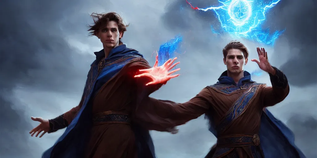 Image similar to epic scene of a handsome caucasian male sorcerer with brown hair, he is casting a blue and red spell that is emanating from his hands, heroic pose, medium shot, waist up, epic composition, post processing, concept art, by greg rutkowski