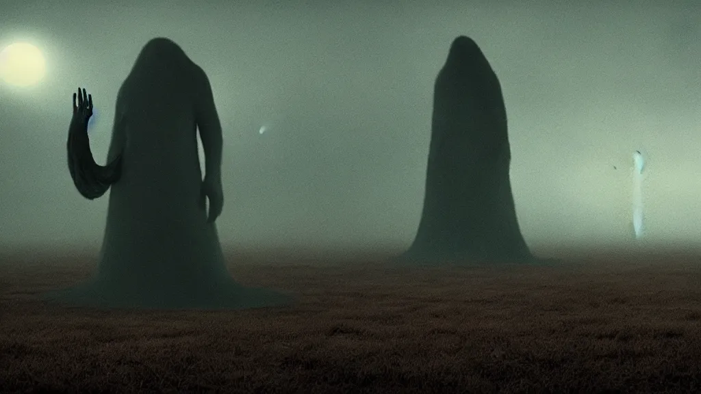 Prompt: a giant creature stalks us at night, film still from the movie directed by Denis Villeneuve with art direction by Zdzisław Beksiński, wide lens