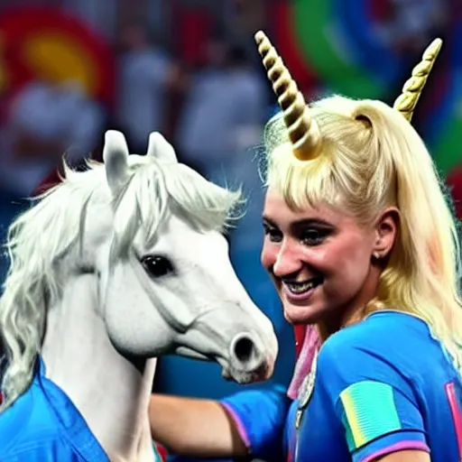 Prompt: Two Unicorns celebrating winning the FIFA World Cup