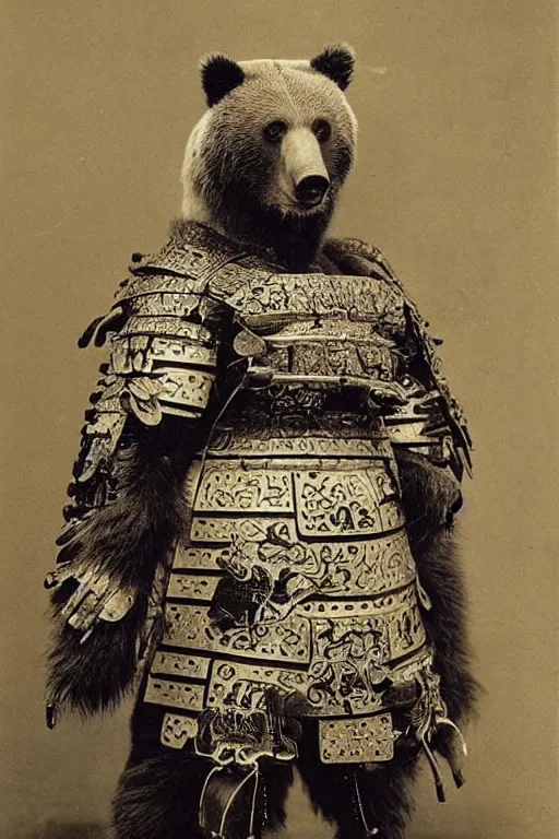 Image similar to “ grizzly bear in full ornate samurai armour, 1 9 0 0 ’ s photo ”