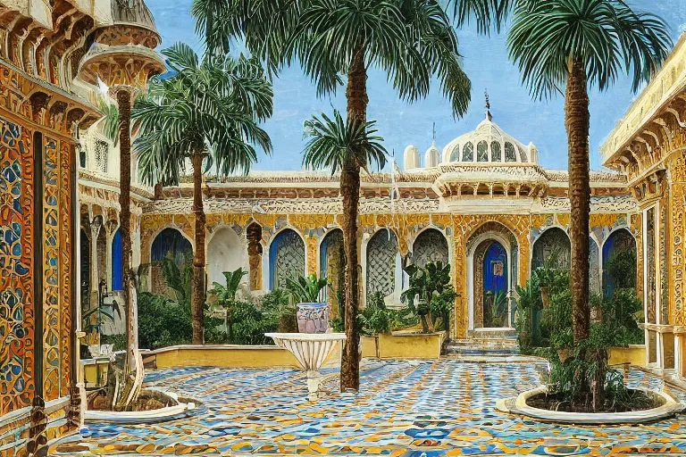 Image similar to painting of a beautiful moorish palace courtyard garden, by ludwig deutsch, patterned tilework, palm trees, tiled fountains, extremely detailed, dramatic lighting, smooth sharp focus