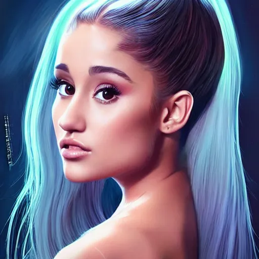 Prompt: A beautiful portrait of ariana grande, by artgerm and Dave McKean, extreme detail, facial details, sharp colors