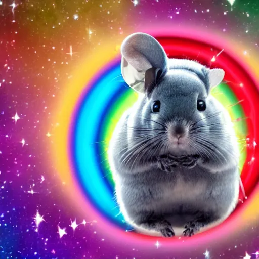 Prompt: cosmic chinchilla pooping rainbow jellybeans, in space, jellybeans behind chinchilla