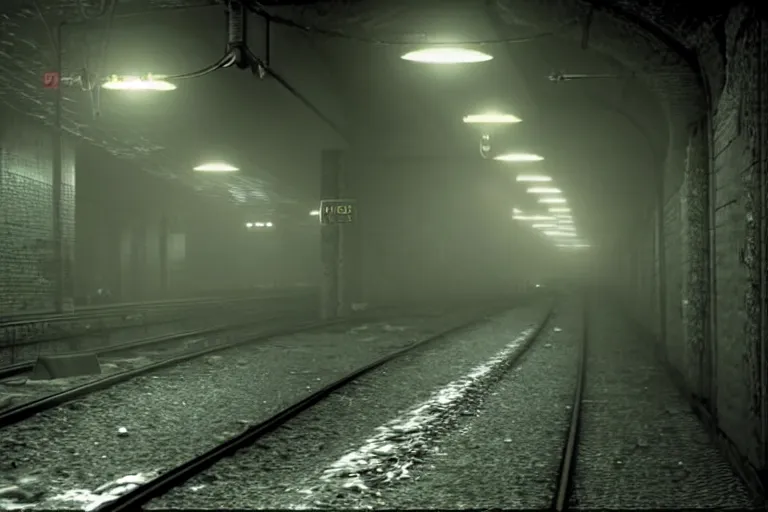 Image similar to very large giant mutant zombie irradiated ( angry rat ) staying on railways in tonnel of moscow subway. tonnel, railways, giant angry rat, furr, fangs, claws, very realistic. fog, silent hill style, extreme long shot, herman nitsch, giger, unreal engine.