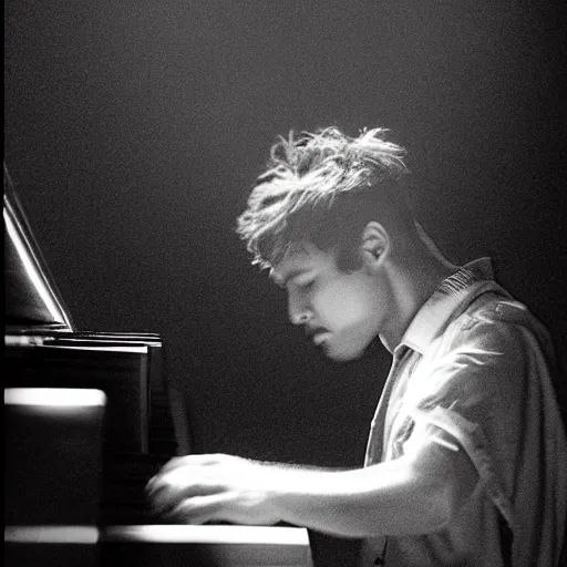 Prompt: he rose from the piano, dripping with sweat